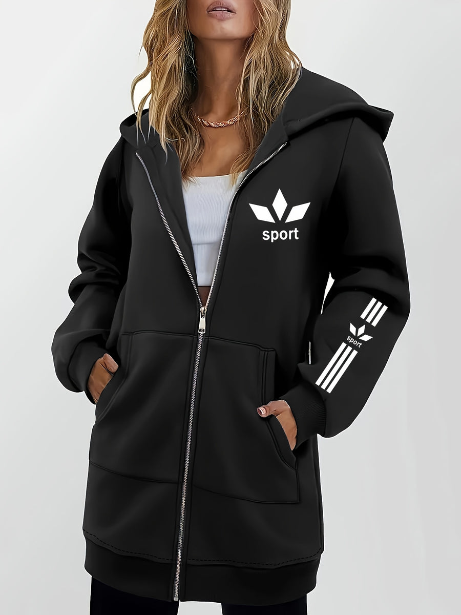 Women's Long Hooded Printed Sweatshirt Jacket, Autumn/Winter Thickened Hoodie, Versatile Loose Fit Casual Long Sleeve Zip-Up Cardigan Jacket - Black