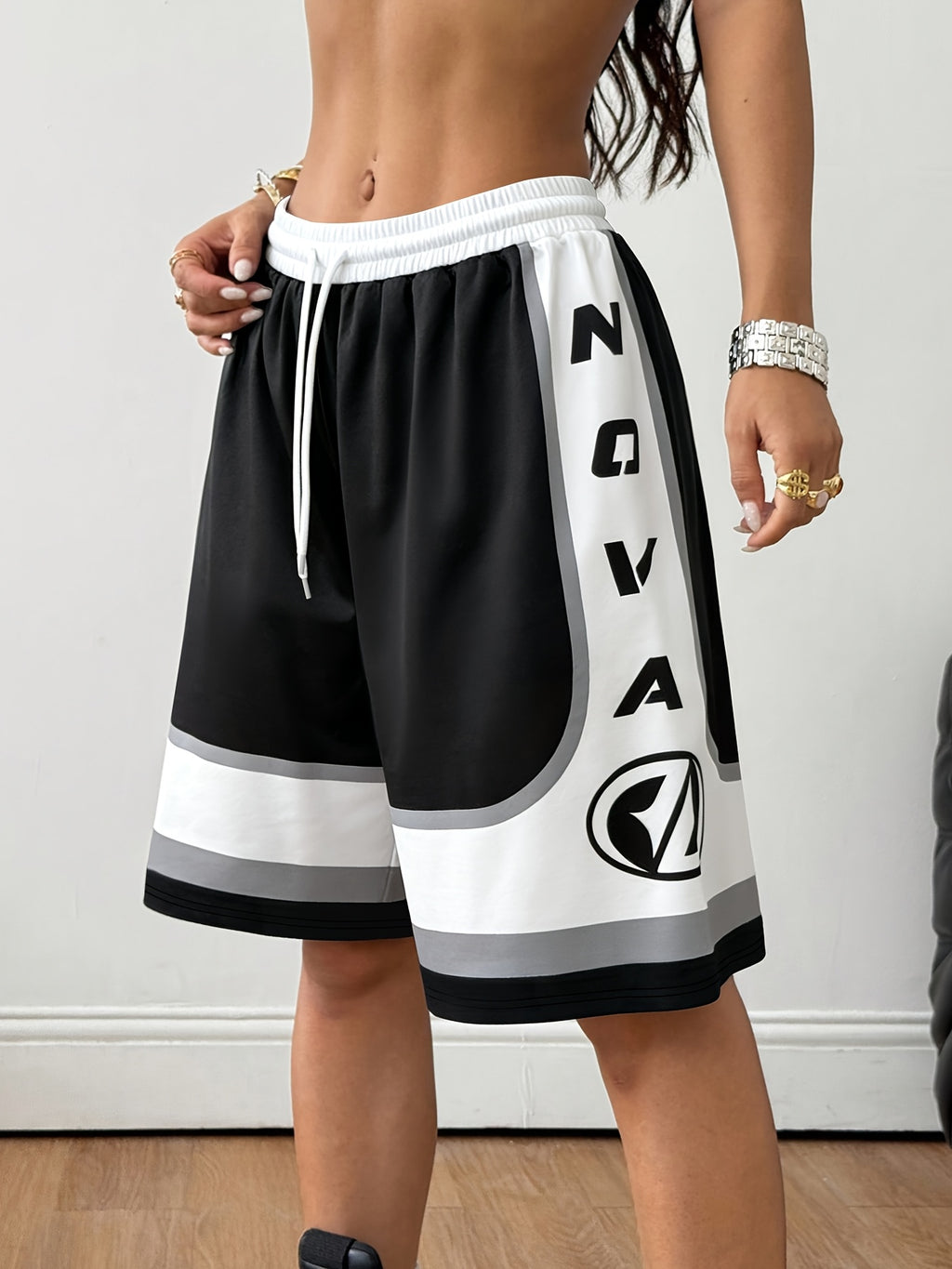 American Street Style Letter Print Black and White Contrast Color Loose Fit Drawstring High-Waist Casual Sweatshirt Shorts Knee-Length Pants Y2k - Black