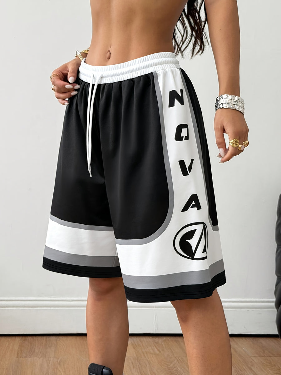 American Street Style Letter Print Black and White Contrast Color Loose Fit Drawstring High-Waist Casual Sweatshirt Shorts Knee-Length Pants Y2k - Black