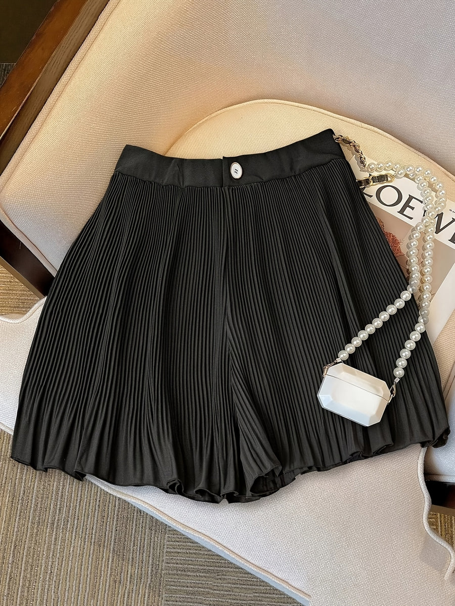 YTD Women's New Fashionable Versatile Pleated Solid Color Mini Skirt Shorts HF871 - Black