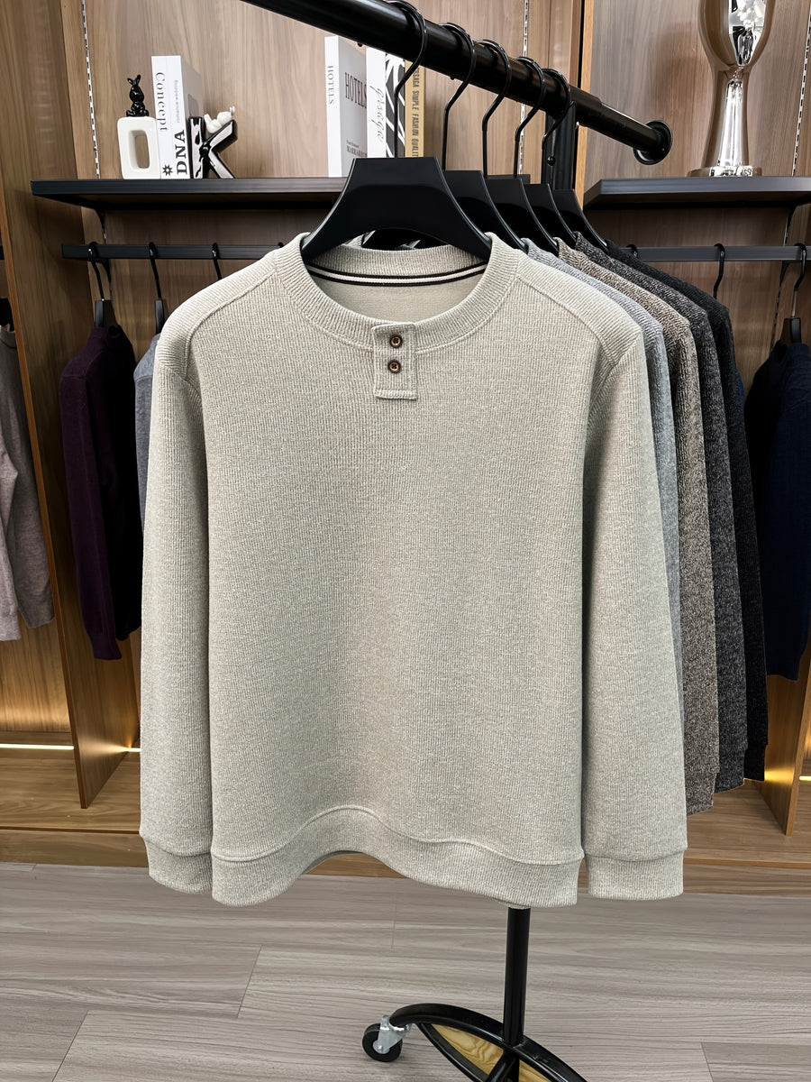 Du Jing Lan OBM 1pc Autumn/Winter New Arrival Men's Knitted Pullover, Old Money Style Solid Color Striped Crew Neck Long Sleeve Knit Pullover, Men's Business Casual Fashion Striped Sweater, Suitable for Layering or Wearing as an Inner Layer - Beige Apricot