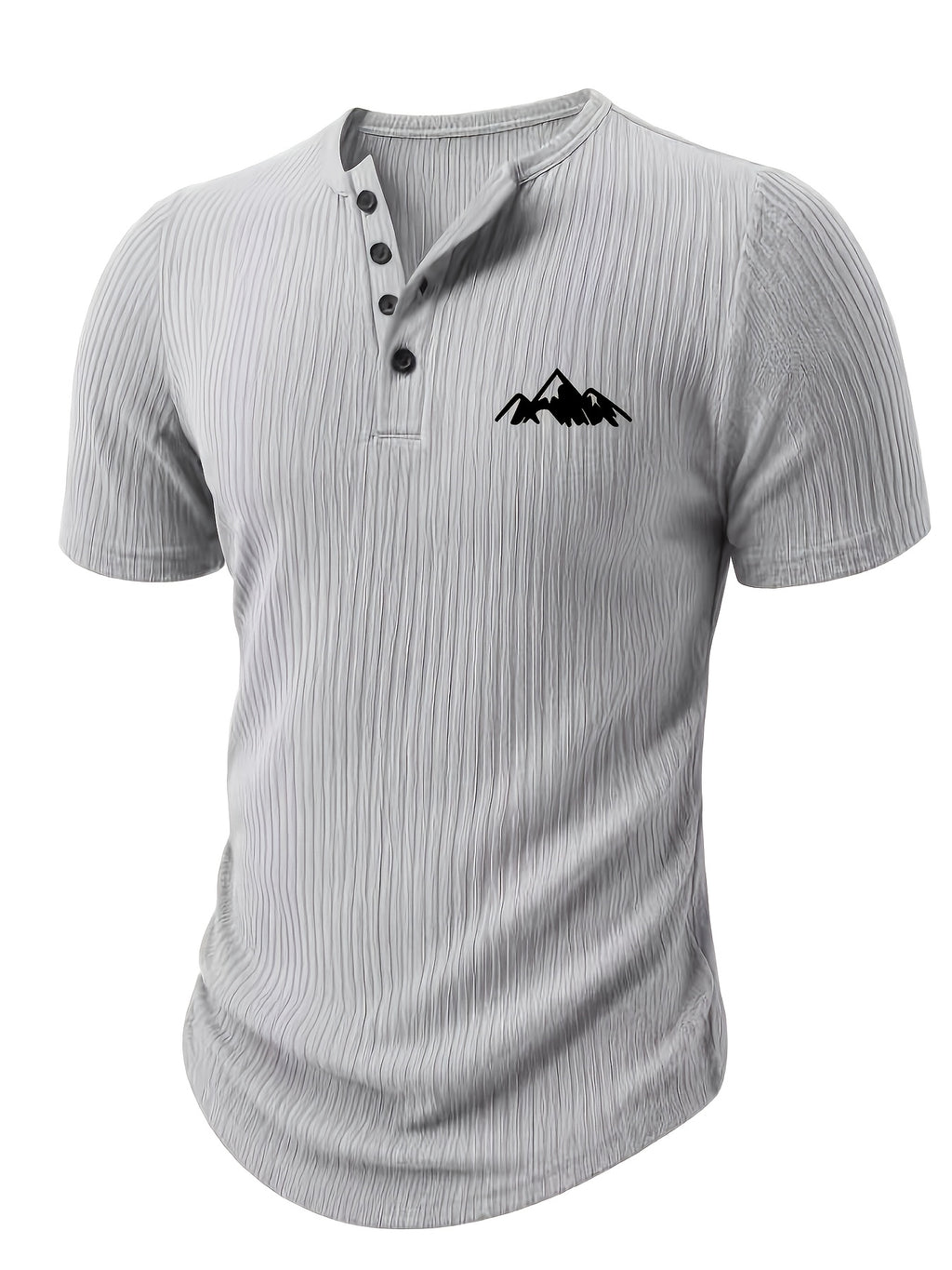 Men'S Ribbed Texture Henley Short Sleeve, All-Over Print Summer Slim Fit Casual T-Shirt - Gray 9