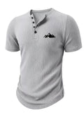 Men'S Ribbed Texture Henley Short Sleeve, All-Over Print Summer Slim Fit Casual T-Shirt - Gray 9