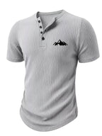 Men'S Ribbed Texture Henley Short Sleeve, All-Over Print Summer Slim Fit Casual T-Shirt - Gray 9