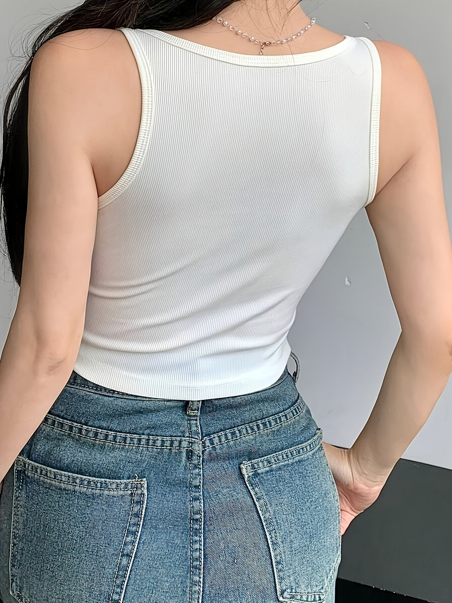 Women'S Y2K Sexy Square Neck Button-Up Casual Short Top, Spring/Summer Style - White