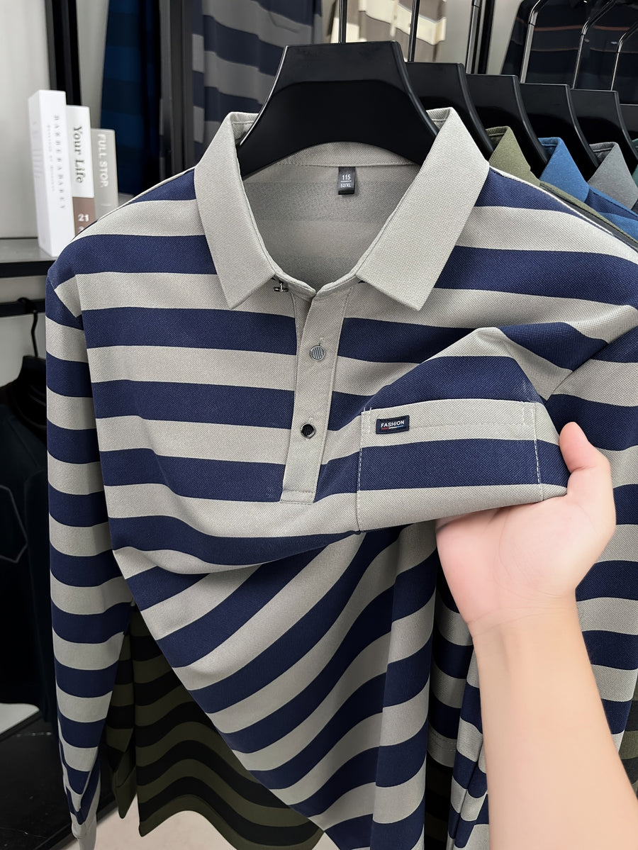 Minimalist Urban Striped Long-Sleeve Polo Shirt for Portable Daily Commuting - Shallow Card
