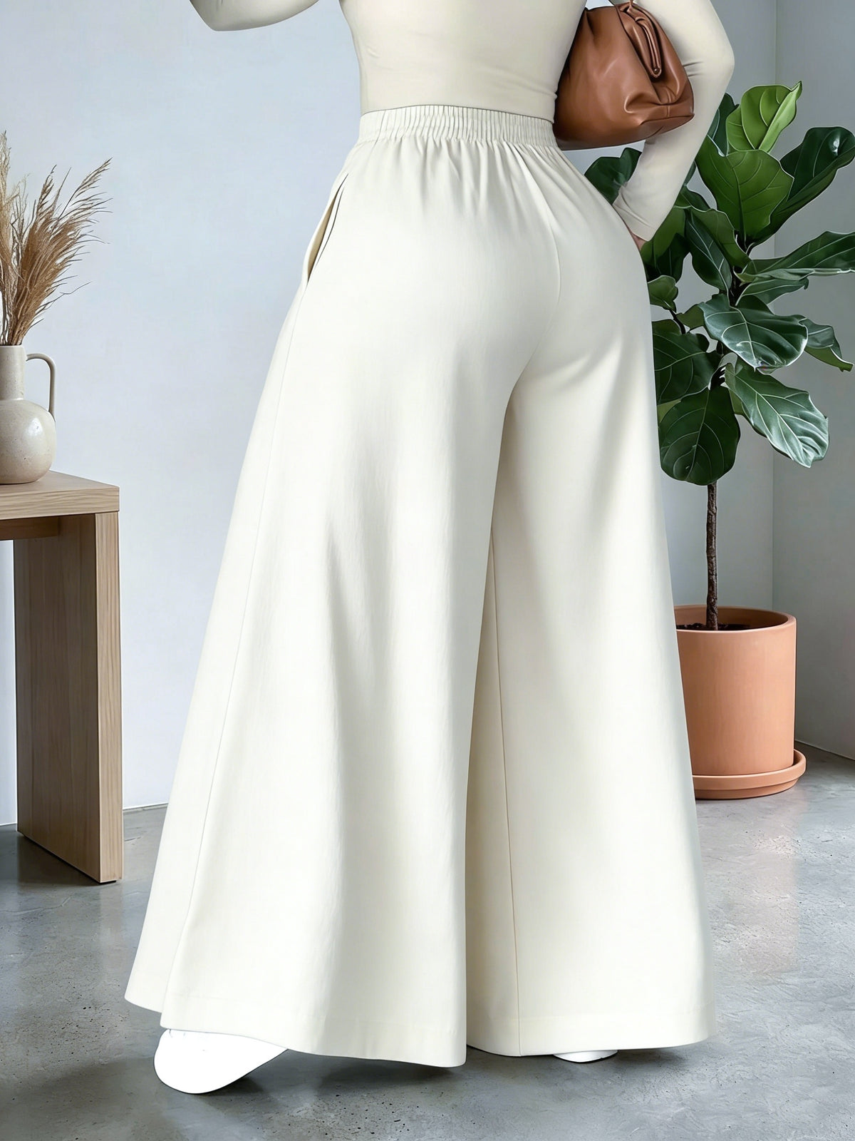 HMY Women's High-Waisted Wide-Leg Suit Pants, High-Quality Draping Fabric, Loose-Fit Straight-Leg Floor-Length Casual Trousers + Tab Lan - White