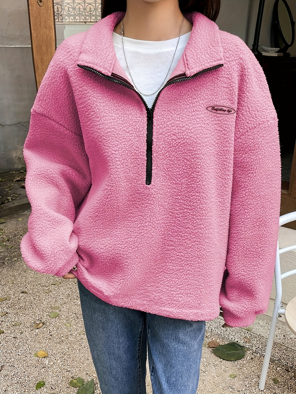 Applique Detail Drop Shoulder Half-Zip Fleece Sweatshirt, Perfect Choice for Women'S Fall Winter - Pink Color