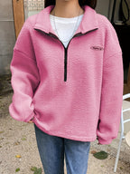 Applique Detail Drop Shoulder Half-Zip Fleece Sweatshirt, Perfect Choice for Women'S Fall Winter - Pink Color