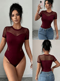Sexy Mesh Cutout Fitted Short Sleeve Bodysuit, Women'S Casual Street Style - Burgundy