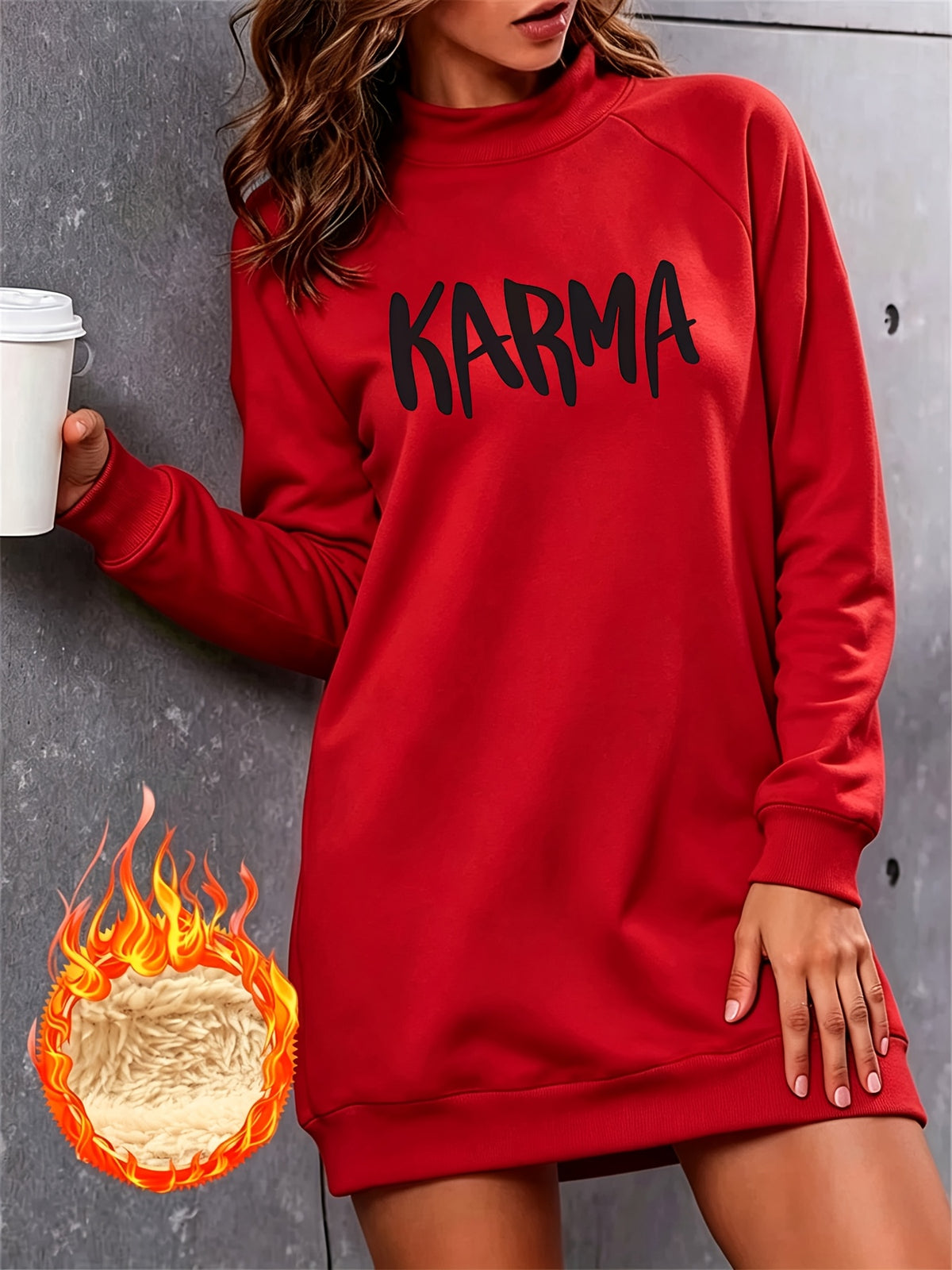 Easy KARMA Letter Print Mock Neck Long Sleeve Fleece Sweatshirt Women'S Fall Winter Casual Sweatshirt Dress - Red