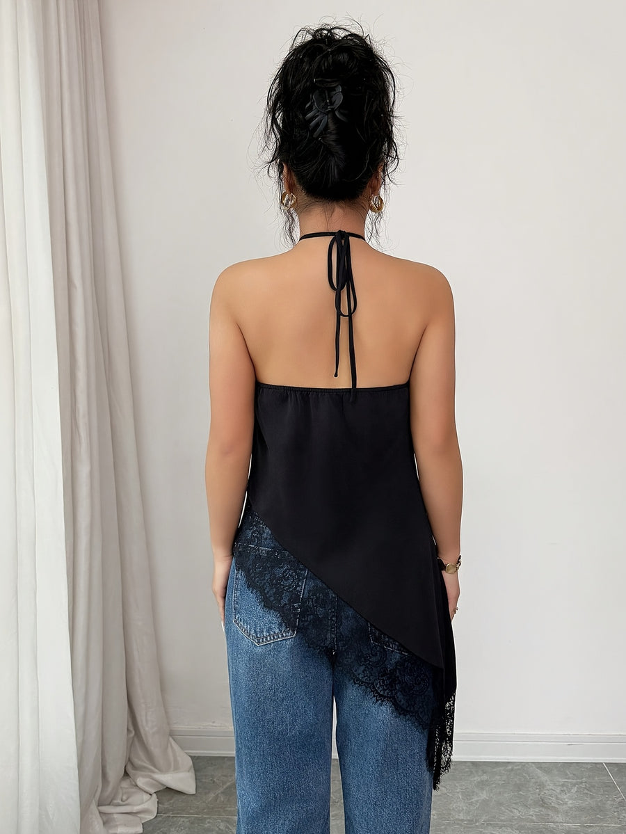 Women'S Halter Cami Top, Solid Lace Patchwork Versatile Off-Shoulder Elegant Halter Cami. Suitable for Dates, Beach, Vacation, Shopping, And Daily Wear - Black