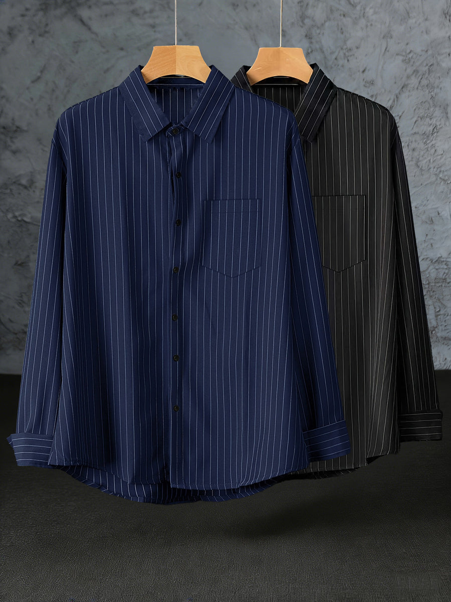 Early Spring/Autumn Value Two-Pack Thin Trendy Men's Long-Sleeve Striped Shirt, Versatile Fashion Casual Business High-End Outerwear Shirt - Black+Blue