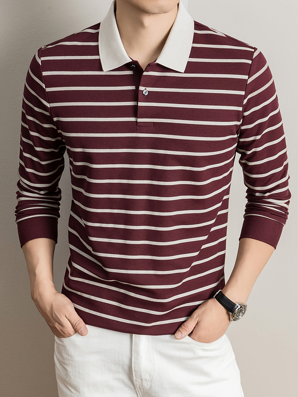 2026 Autumn Men's Long-Sleeve Striped Casual Lapel Polo Shirt - Fuchsia