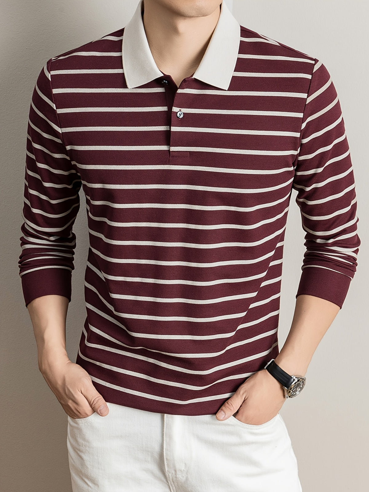 2026 Autumn Men's Long-Sleeve Striped Casual Lapel Polo Shirt - Fuchsia