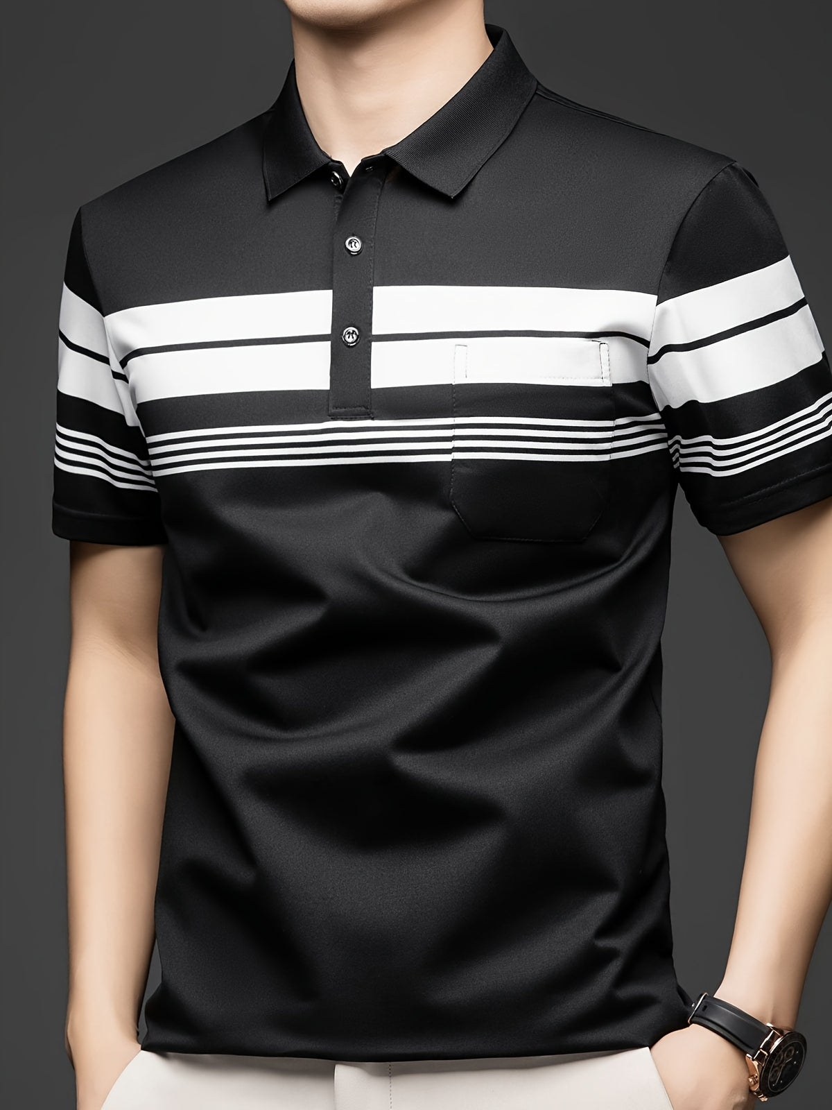 New Summer Men's Short-Sleeve T-Shirt, Wrinkle-Free Striped Loose-Fit Polo Shirt, Stylish and Versatile Casual Dad Fit Thin Shirt 26659 - Black