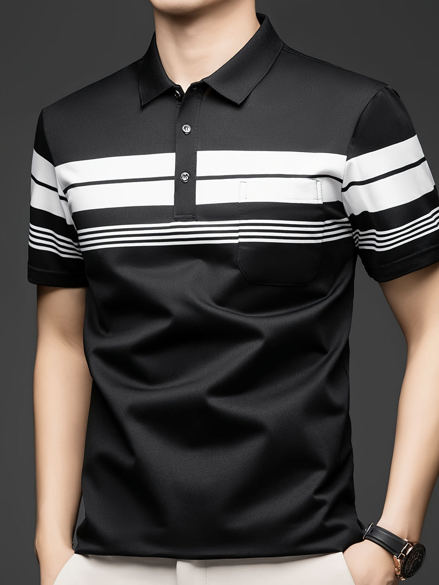 New Summer Men's Short-Sleeve T-Shirt, Wrinkle-Free Striped Loose-Fit Polo Shirt, Stylish and Versatile Casual Dad Fit Thin Shirt 26659 - Black