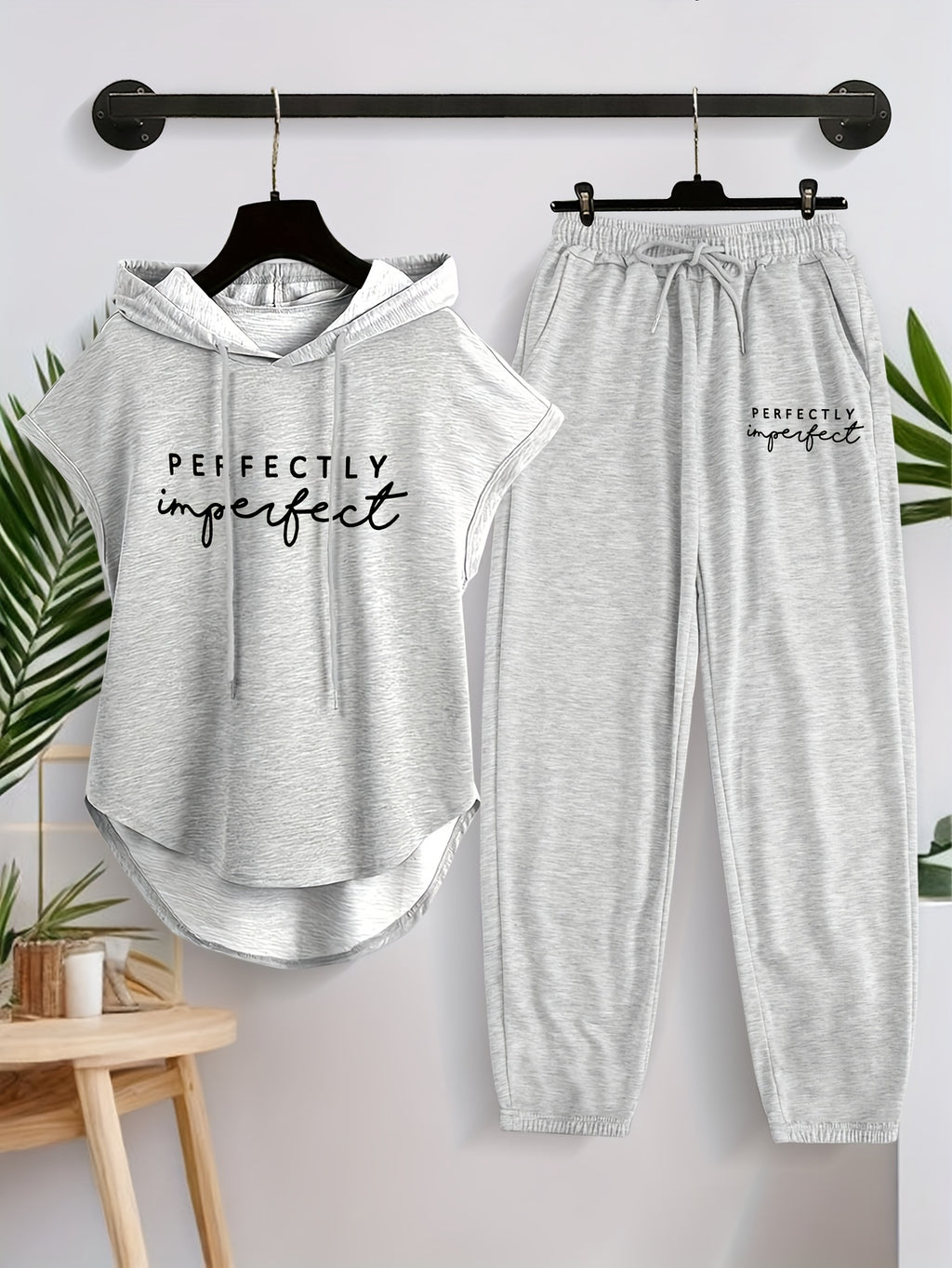 Women'S Sleeveless Hooded Vest And Casual Long Pants Set X3003 - Light Gray