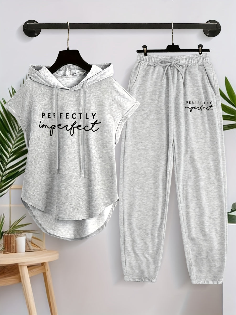 Women'S Sleeveless Hooded Vest And Casual Long Pants Set X3003 - Light Gray