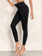 Women's Fashionable High-Waist Casual Outing Jeans, High-Stretch 300g Twill Fabric, Outer Pocket Washed Denim Leggings, Versatile and Elegant Slim-Fit Jeans for Daily Commuting - Black