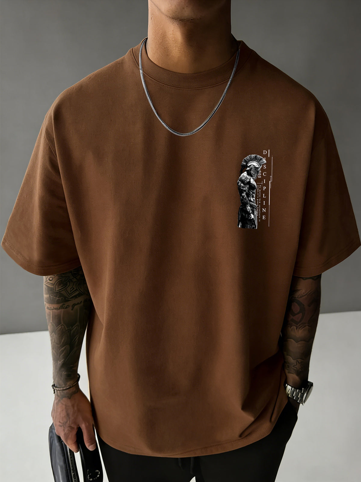 Men'S 100% T-Shirt, Spartan Warrior Discipline Print, All-Season Wear, Casual Sporty Comfortable Breathable - Coffee Brown