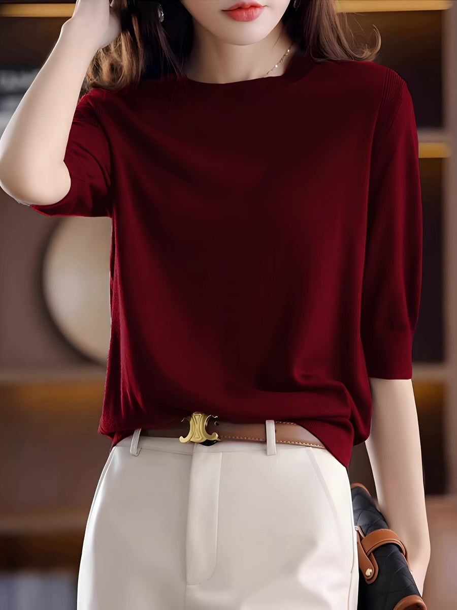 Fine Round Neck Mid-Sleeve Sweater Women'S Spring Autumn New Vintage Elegant Top Short Sleeve Base Layer - Deep Red