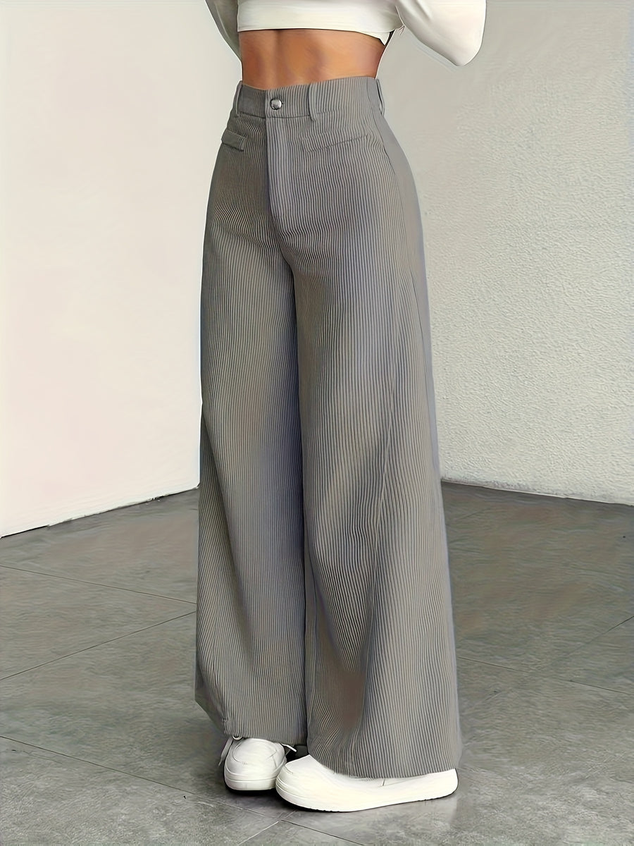 Women's High-Waisted Wide-Leg Corduroy Pants - Straight Leg Trousers with Corduroy Texture & Striped Suitable for All-Season Wear, Machine Washable Non-Stretch Corduroy Pants for Office, Casual, Everyday Outfits (No Transparency) - Grey