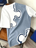 Men's Blue and White Abstract Wave Print T-Shirt with Trendy Signature Graphic, Crew Neck, Casual Short Sleeves - Mixed colors