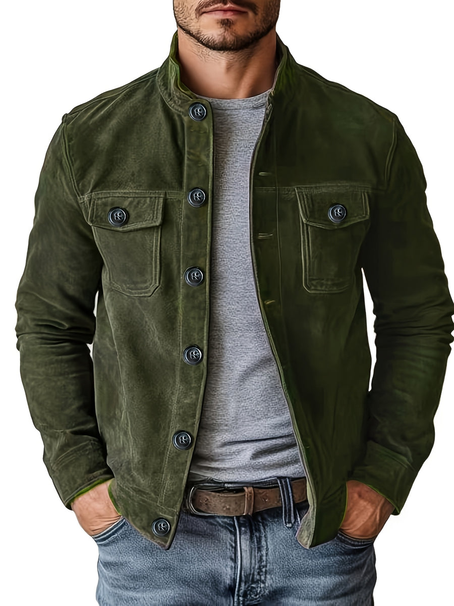 Men'S Casual Jacket with Pockets, Versatile Long-Sleeved Stand Collar Button Coat, Transitional Outerwear - fern green