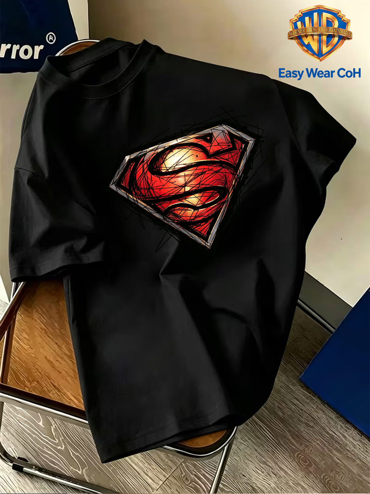 Warner Bros. Authentic Men's Pure Cotton Short-Sleeve T-Shirt, Featuring a Classic Hand-drawn Sketch-style Superman Core Pattern + S Shield Logo Creative Print. The Sketch Design Has Finely Detailed Layers, and the Pure Cotton Fabric Dispels Summer - Black