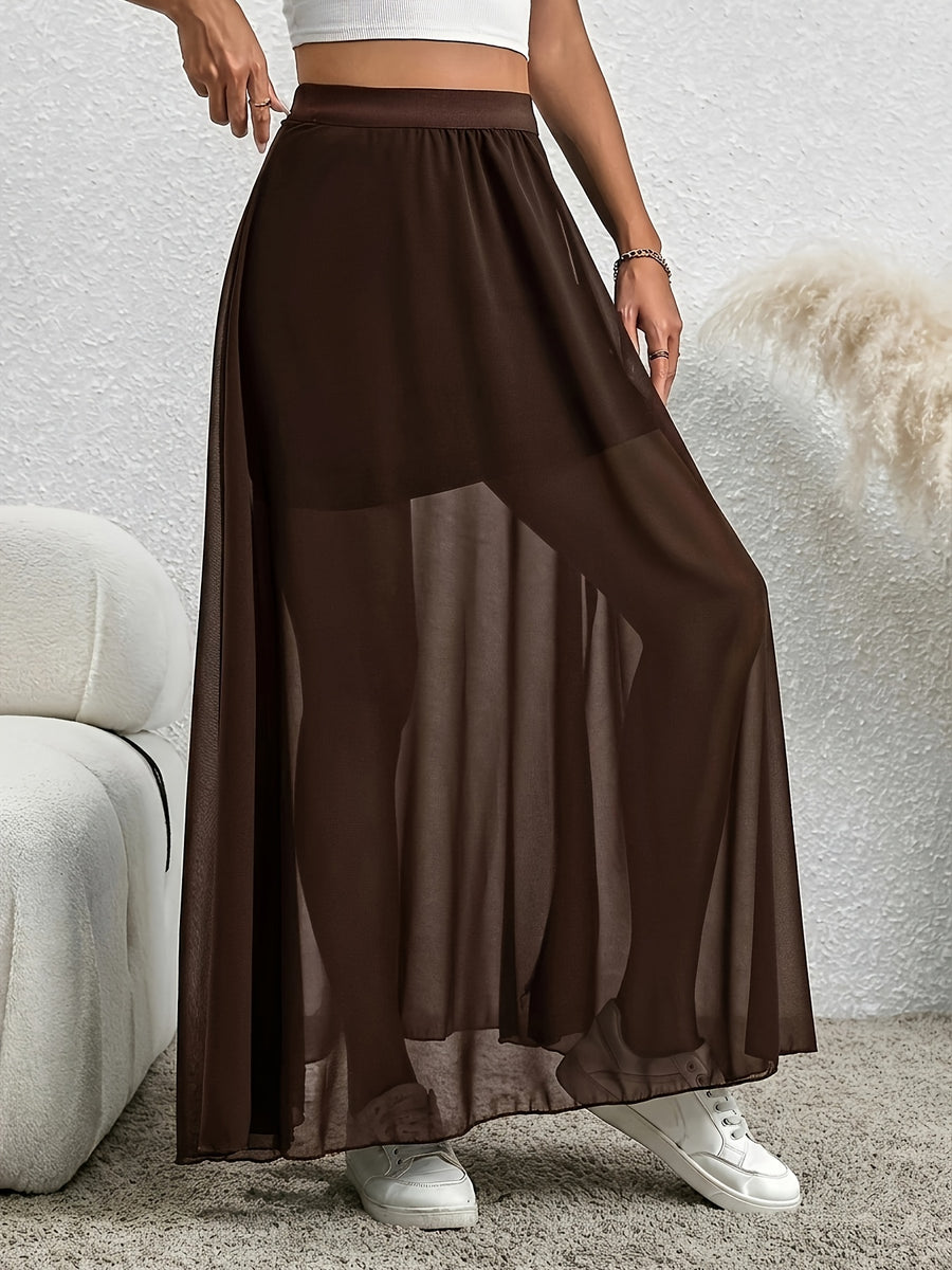 Women'S Holiday Wind High-Waisted Chiffon Mid-Length Flowing Beach Skirt - Dark Brown
