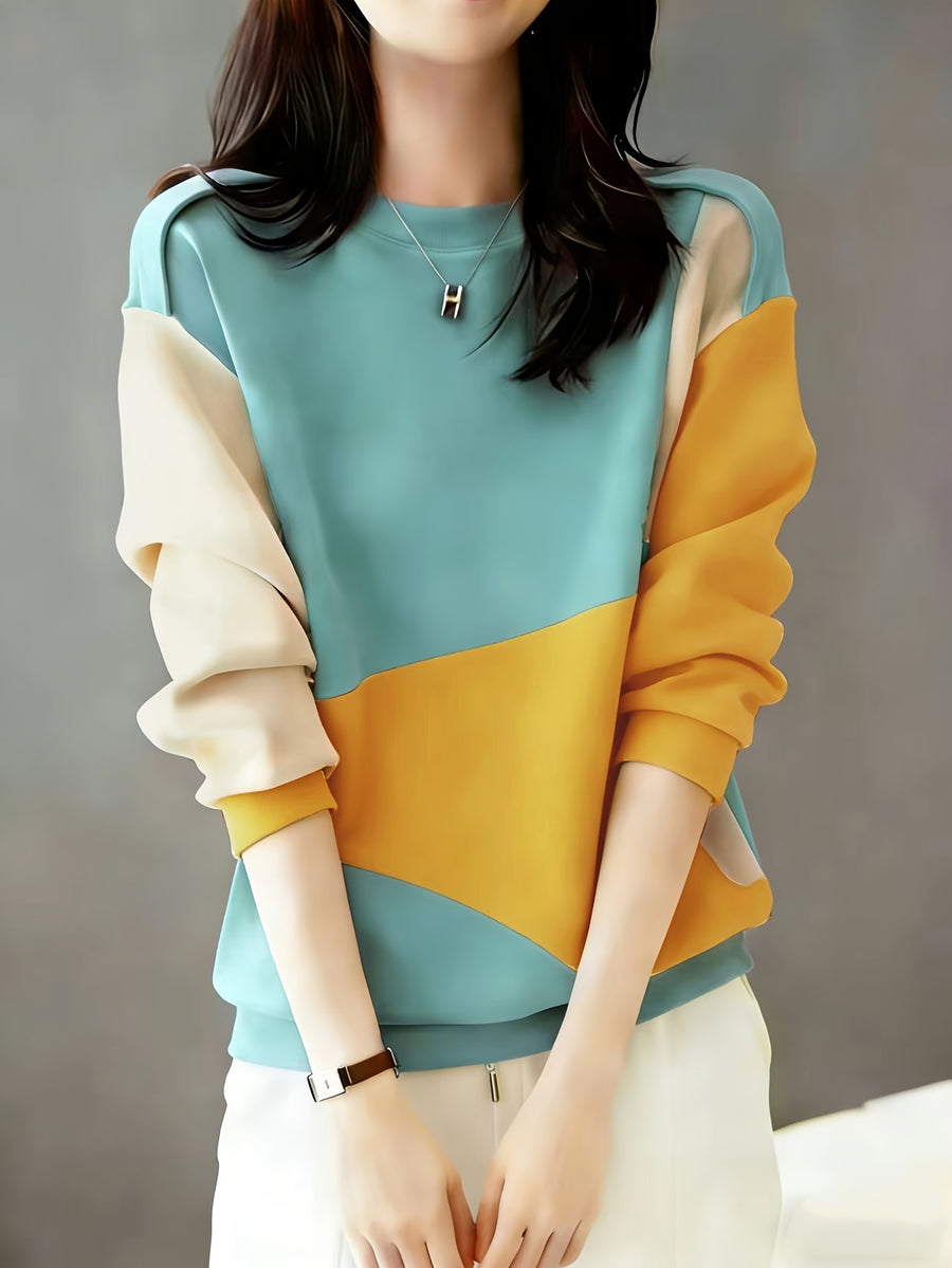 Fall Winter Women'S Fashion Color-Block Artistic Geometric Split Daily Casual Commute Sweatshirt - Cyan