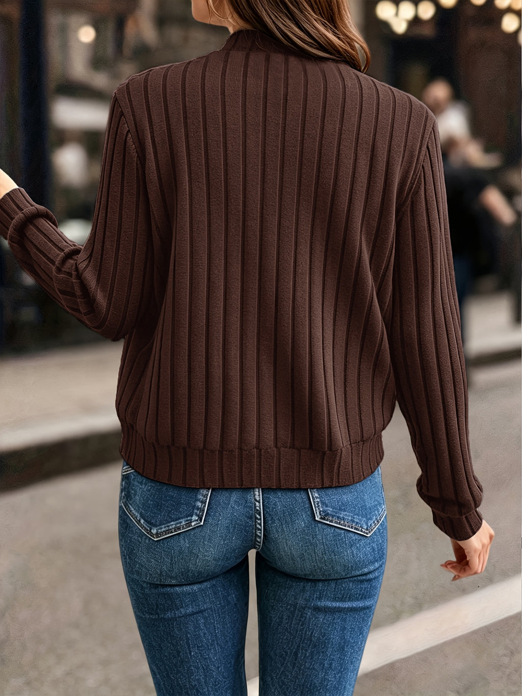Elegant Directional, Elegant Solid Color Ribbed Zipper Long-Sleeve Jacket Coat - Autumn/Winter Style, Suitable for Commuting, Elegant Casual Wear, Wear - Coffee Color