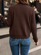 Elegant Directional, Elegant Solid Color Ribbed Zipper Long-Sleeve Jacket Coat - Autumn/Winter Style, Suitable for Commuting, Elegant Casual Wear, Wear - Coffee Color