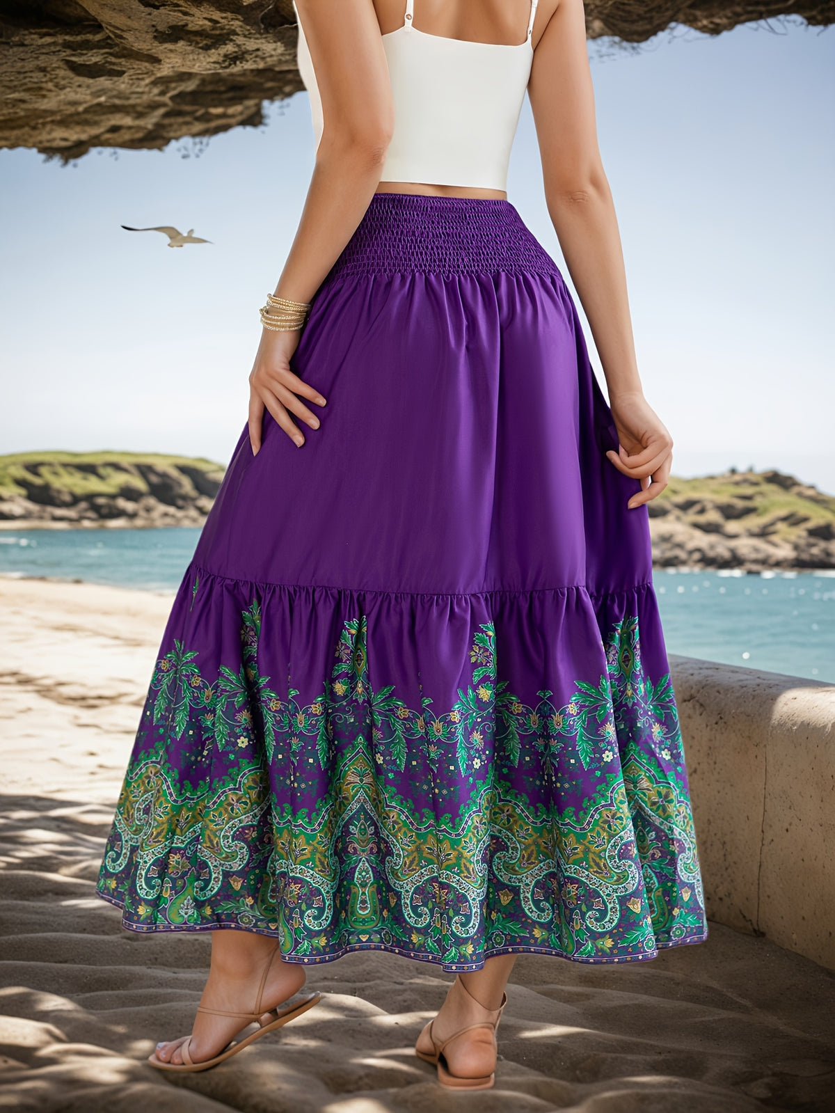 Flower Print Gathered Maxi Skirt - Purple