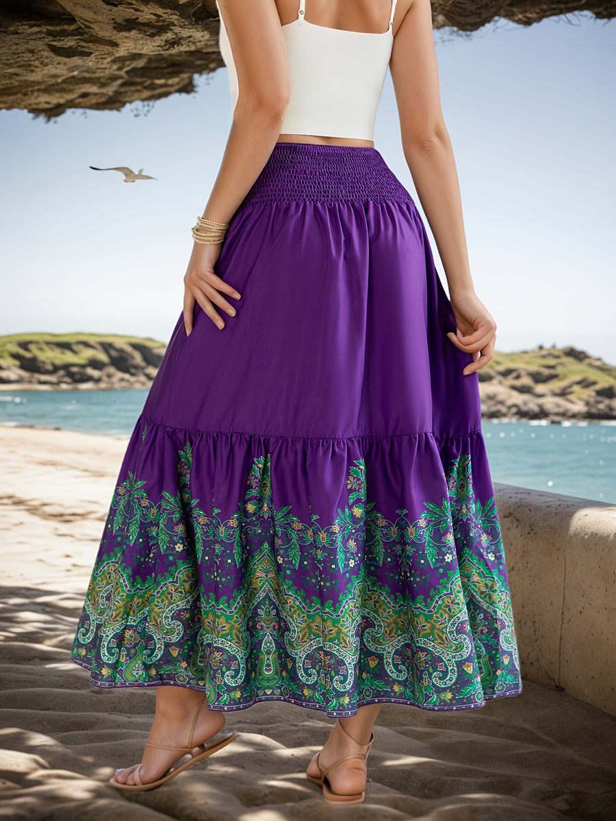 Flower Print Gathered Maxi Skirt - Purple