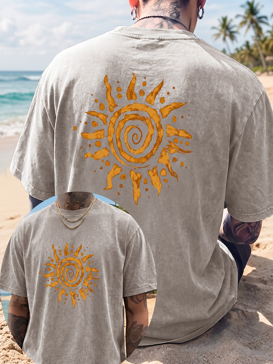 Men's Short-Sleeve T-Shirt, Pure Loose Fit Top, Trendy Reversible Double-Sided Swirl Sun Print, 12 Colors for  Mix & Match, Washed Distressed American Street Style, Versatile for Daily Outings, Streetwear, Sports, Fitness, and Commuting - Apricot