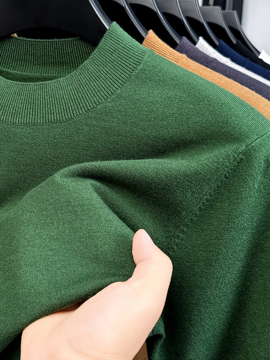 Men'S Solid Mock Neck Short Sleeve Knit Sweater, Soft Skin-Friendly Wool Blend Pullover, Stretch Slim Fit Basic Knit Top, Rib Neck Cuff, Business Commute Daily Casual Shirt, Versatile Inner And Outer Wear Men Base Layer - Post And Telecommunications Green
