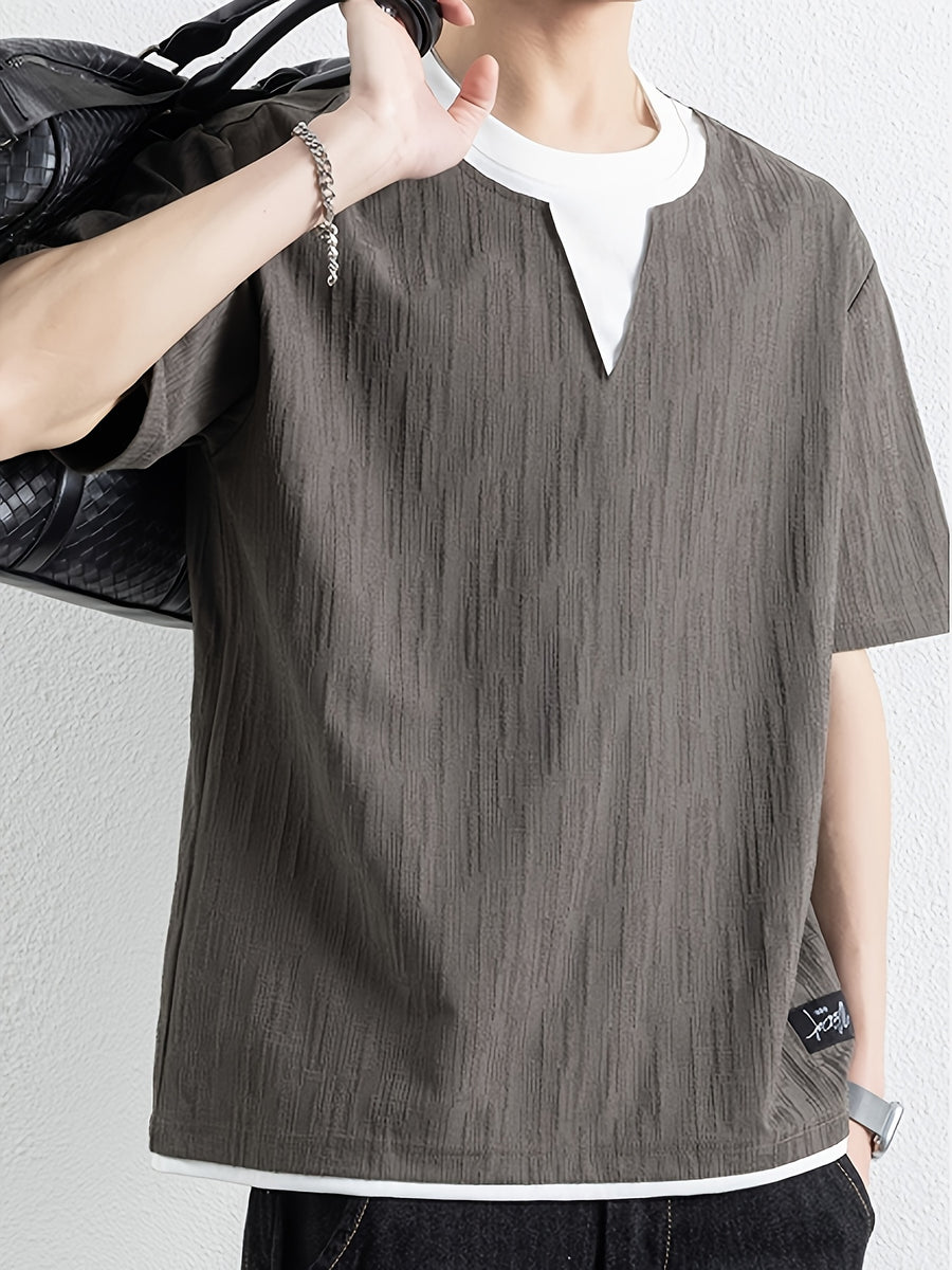 American Faux Two-Piece V-Neck Short Sleeve T-Shirt for Men, Spring Summer All-Match Trendy Couple Wear Loose Casual Short Sleeve Inner Layer, Casual Round Neck with Appropriate Neckline for Inner And Outer Wear - Coffee Brown