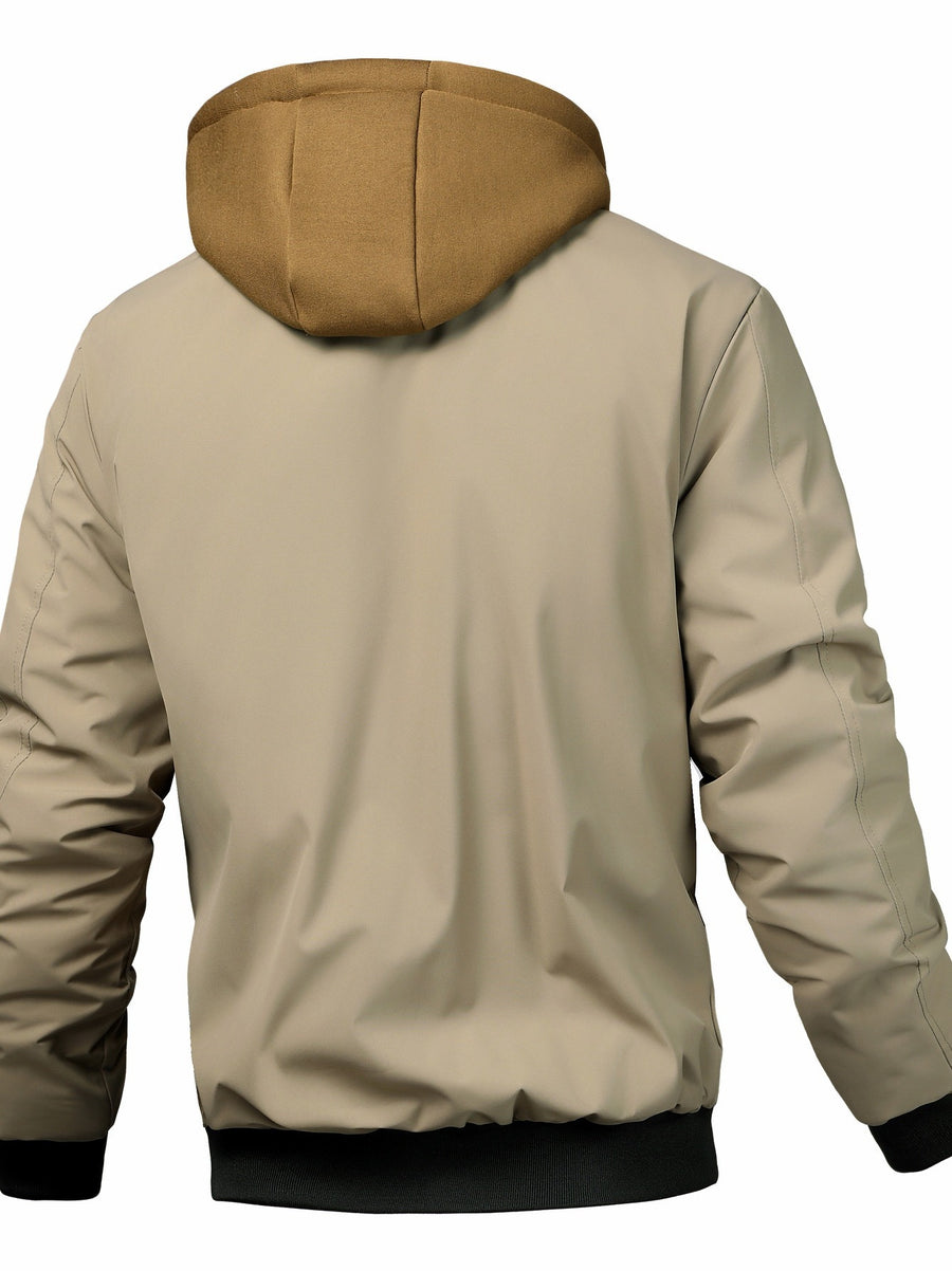 Men's Solid Color Hooded Air Force One Jacket - Loose Fit Zippered Coat with Full-Length Zipper Front, Full-Liner for Spring/Autumn/Winter, Casual Outerwear (No Belt Required) - Khaki