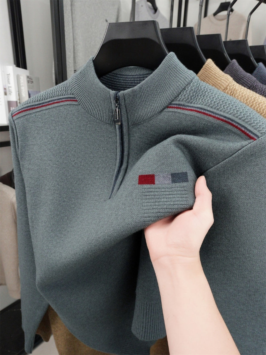 ZBZP Autumn Winter Knit 3D Solid Half-Zip Stand Collar Sweater, Basic Knit Pullover Top for Men, Fashionable Long Sleeve Sweater ZM - Pea Green Color