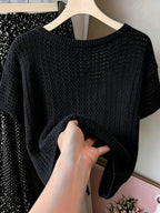 Women's Hollow Out Short Sleeve Blouse Sweater - Semi-Sheer Crochet Round Neck Lightweight Summer Top, Breathable Loose Pullover Blouse Suitable for Daily Wear & Vacation, Machine Washable Solid Color Crochet Knitwear - Black