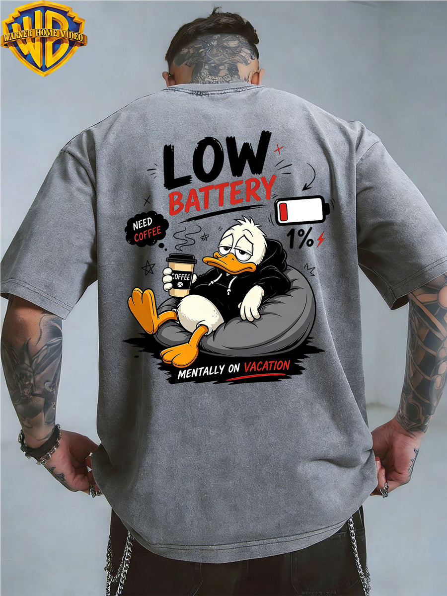 [Warner Bros] Officially Licensed, Men's Short Sleeve Lazy Duck Design Print, American Retro Washed Vintage T-Shirt, Outdoor Sport Casual Wear, Suitable for Daily Commuting, Machine Washable - Grey