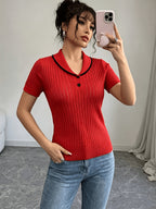 Women'S Summer Clothing Short Sleeve Solid Color Sweater, Lapel Hollow Out Design, Slim Fit Style Pullover, Spring Summer Season - Red
