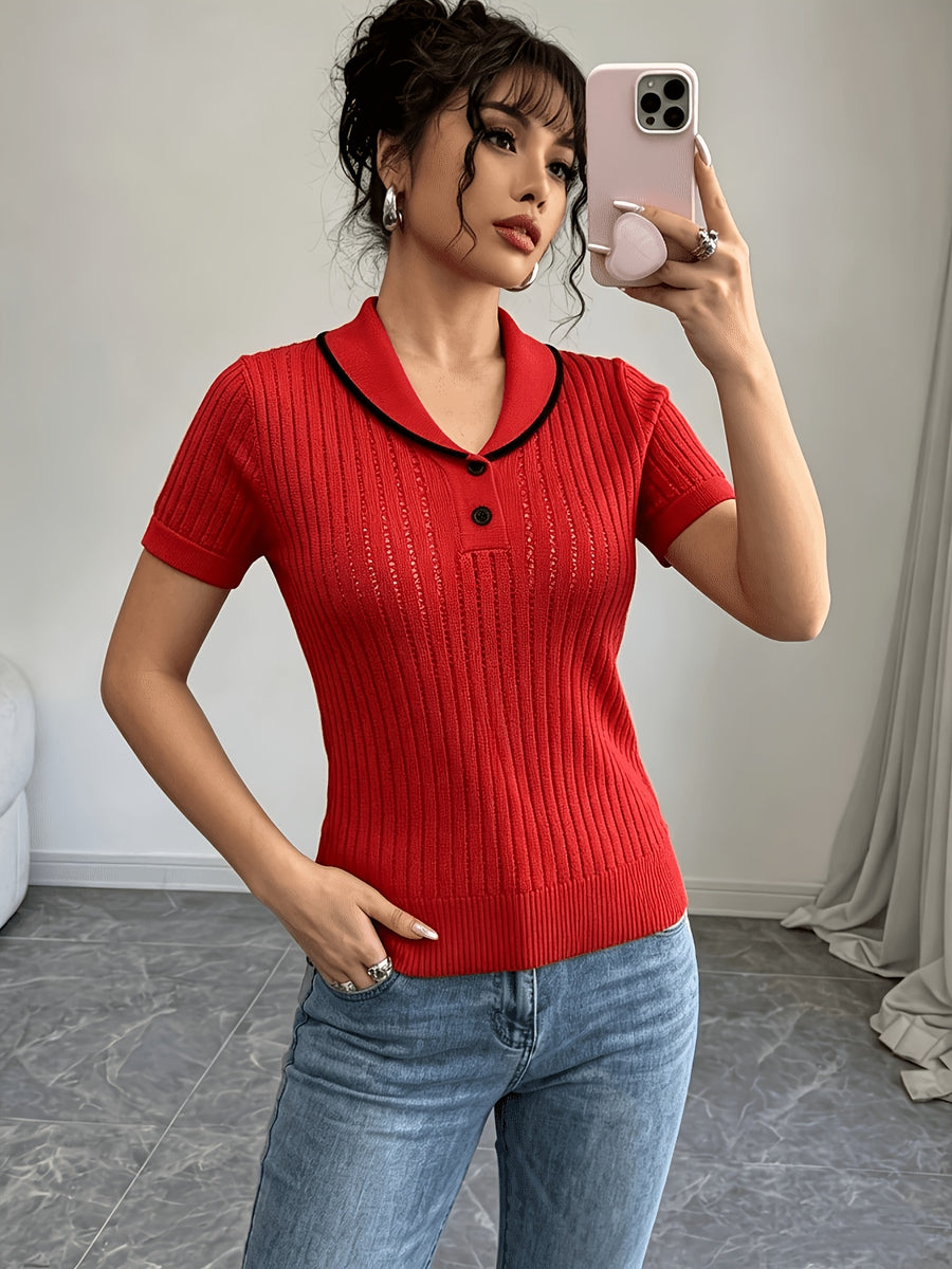 Women'S Summer Clothing Short Sleeve Solid Color Sweater, Lapel Hollow Out Design, Slim Fit Style Pullover, Spring Summer Season - Red