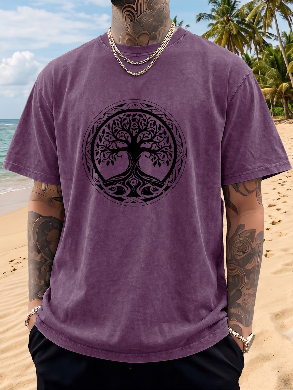 Short Sleeve T-Shirt Men'S Loose Washed Distressed Tree of Life Round Totem Trendy Double-Sided Print 12 Colors Random Match American Street High Street Hip-Hop Top Casual Outing Commuting Sports Fitness Couple Style Statement Y2K National Trend Sho - Purple