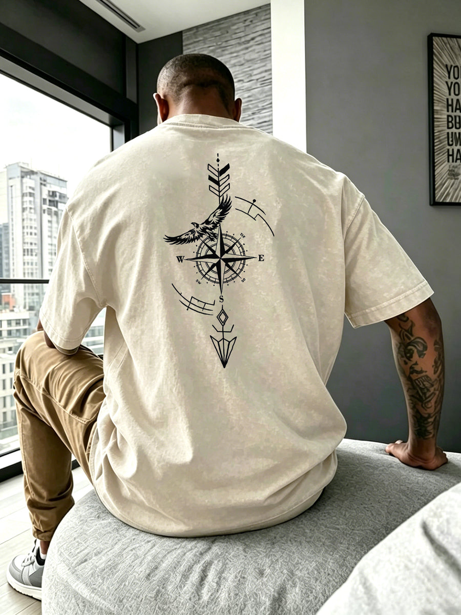 Men'S Heavyweight Short Sleeve Washed Distressed Fashion T-Shirt, Skin-Friendly And Breathable, Vintage Compass Eagle Arrow Geometric Line Print, Western High Street Hip-Hop Street Style, Pure Skin-Friendly Non-Sheer Material - Apricot