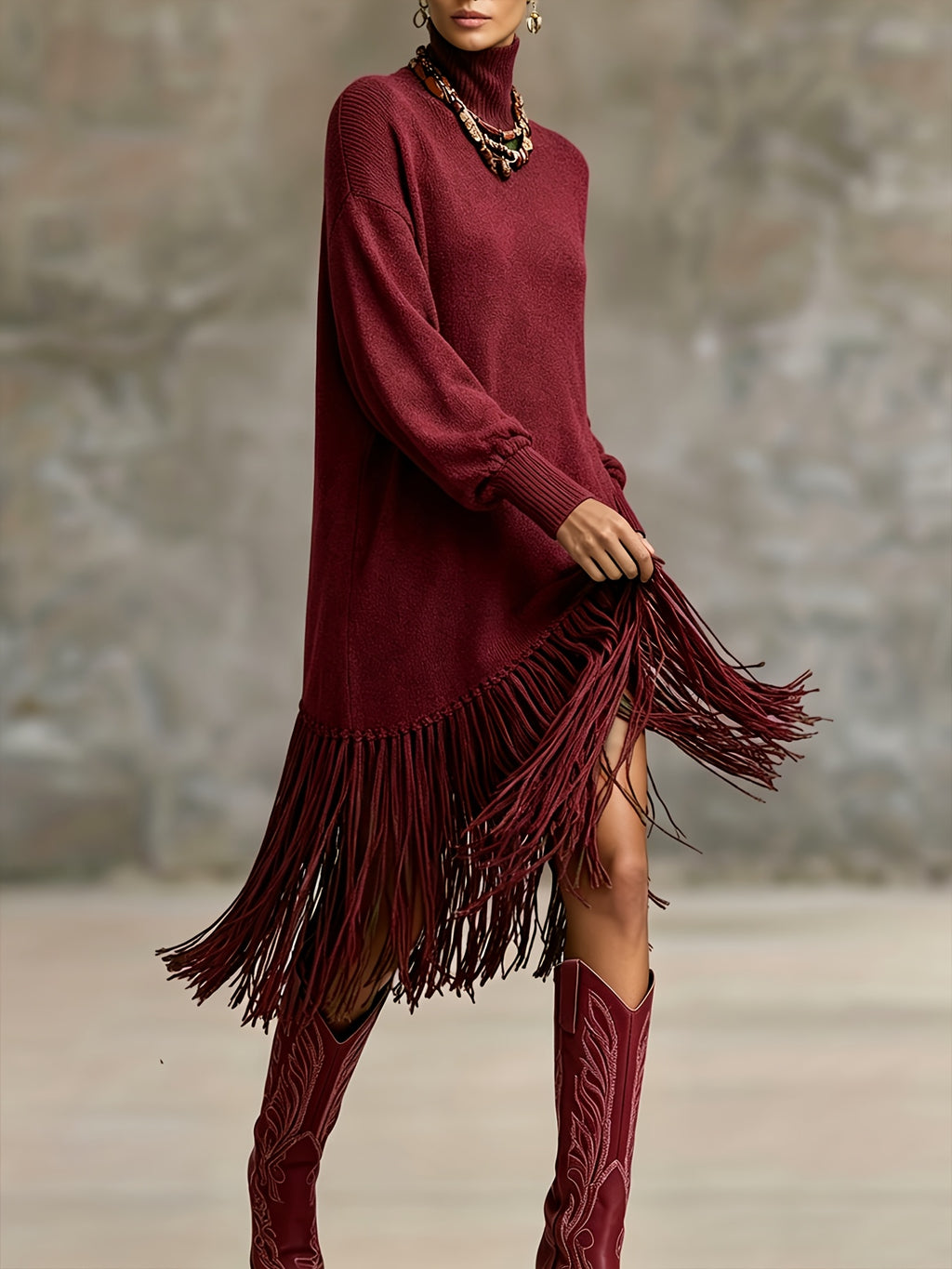 Women's Autumn New Arrival Bohemian Elegant Fringe Patchwork Hem Design St. Patrick's Day Natural Style Easter Atmosphere Vacation Knee-Length Dress - Burgundy