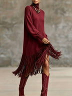 Women's Autumn New Arrival Bohemian Elegant Fringe Patchwork Hem Design St. Patrick's Day Natural Style Easter Atmosphere Vacation Knee-Length Dress - Burgundy