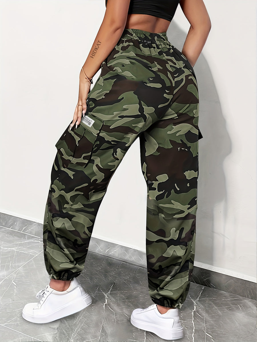 Women'S Camouflage Cargo Pants with Large Pockets, Featuring an Elastic Waistband with Drawstring And Tapered Cuffs, Suitable for Everyday Outdoor Leisure - Army Green Camouflage